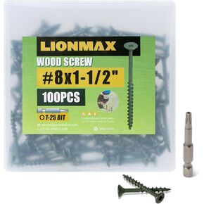 LIONMAX Deck Screws 1-1/2 Inch, Wood Screws #8 x 1-1/2", 100 PCS, Rust Resistant, Exterior Epoxy Coated, Outdoor Decking Screws, Torx/Star Drive Head Screw, T25 Star Bit Included, Green in Saudi Arabia