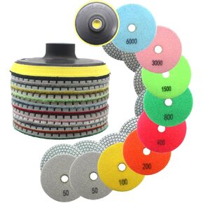 Wet Diamond Polishing Pads Set 10pcs,BeQell 4 Inch Polishing Kit for Granite Stone Quartz Marble Floor Grinder or Polisher, 50#-6000# Grit Pads with Hook & Loop Backing Holder Pads for Wet Polisher in Kuwait