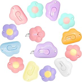 12Pcs Mini Retractable Utility Knives Flower Cloud Box Cutter, Cute Cloud Shaped Box Cutter Plastic Letter Opener Slide Open with Keychain Hole for Box Letter Envelope