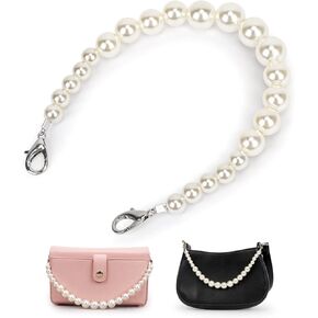 Classycoo Pearl Purse Chain, pearl purse strap Short Handle Replacement Bag Chain Strap Shoulder Chain Imitation Pearl Handbag Chain Accessories for Bags Decoration Chain with Metal Buckle(32cm)silver