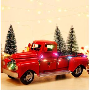 AerWo Red Christmas Truck, Little Red Truck Christmas Decor with 2 Mini Christmas Trees and LED String Lights, Red Metal Pickup Truck Car Model for Christmas Decorations Table Top Decor in Saudi Arabia