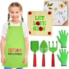 Litti City Gardening Pretend Play Set & Flower Press Kit - Kids Gardening Set with Apron, Pair of Gloves, 3 Gardening Tools, Wooden Flower & Leaf Press - Safe Outdoor Gardening Tools for Kids & Teens
