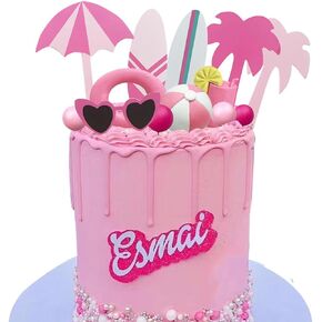 Summer Pink Beach Cake Topper with Beach Ball Swimming Ring Coconut Tree Surfing Board and Sunglasses for Hot Pink Girl Summer Beach Bali Hawaiian theme cake Decor