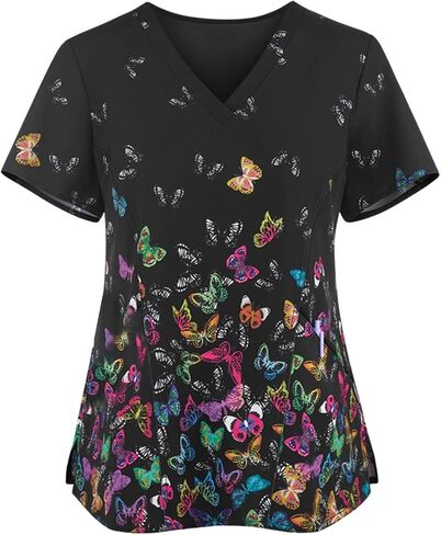 Scrub Uniforms Women Cute Cartoon Print Holiday Medical Tops Shirt Nurse Workwear in Saudi Arabia