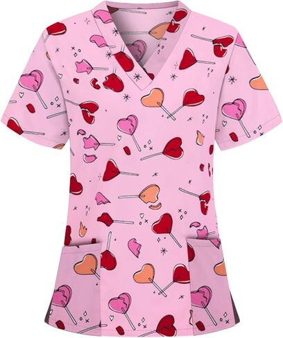 Scrub Uniforms Women Cute Cartoon Print Holiday Medical Tops Shirt Nurse Workwear in Saudi Arabia