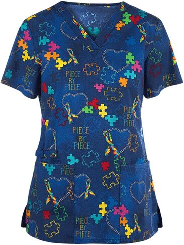 Scrub Uniforms Women Cute Cartoon Print Holiday Medical Tops Shirt Nurse Workwear in Saudi Arabia