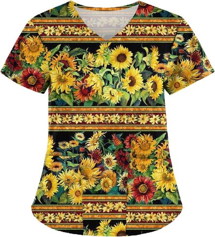 Scrub Uniforms Women Cute Cartoon Print Holiday Medical Tops Shirt Nurse Workwear in Saudi Arabia