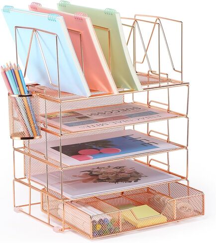 Housmile Desk Organizer, 5-Tier Desk Organizers and Accessories with File Sorters, Paper Tray, Drawer and Pen Holder, Anti-slip Silicone, Detachable File Organizer for Desk (Rose Gold) in Kuwait