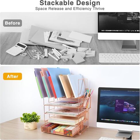 Housmile Desk Organizer, 5-Tier Desk Organizers and Accessories with File Sorters, Paper Tray, Drawer and Pen Holder, Anti-slip Silicone, Detachable File Organizer for Desk (Rose Gold) in Kuwait