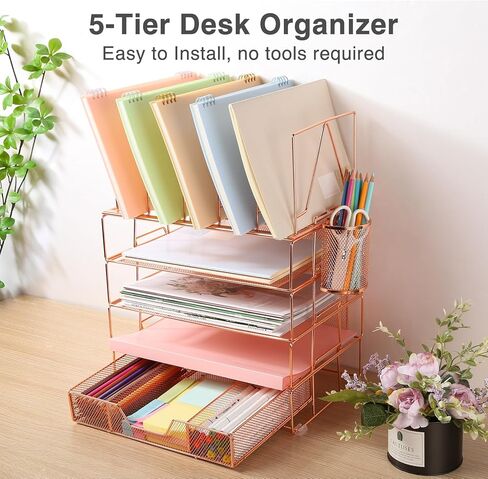 Housmile Desk Organizer, 5-Tier Desk Organizers and Accessories with File Sorters, Paper Tray, Drawer and Pen Holder, Anti-slip Silicone, Detachable File Organizer for Desk (Rose Gold) in Kuwait