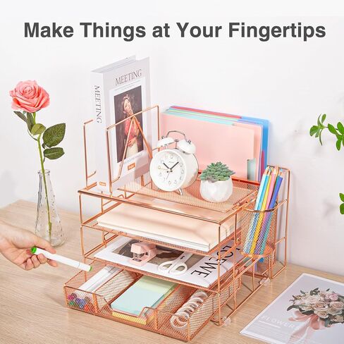 Housmile Desk Organizer, 5-Tier Desk Organizers and Accessories with File Sorters, Paper Tray, Drawer and Pen Holder, Anti-slip Silicone, Detachable File Organizer for Desk (Rose Gold) in Kuwait