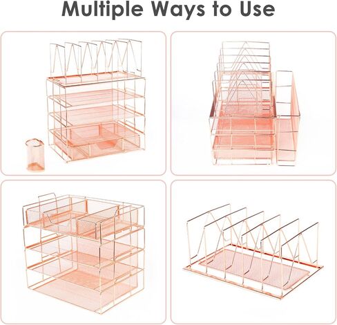 Housmile Desk Organizer, 5-Tier Desk Organizers and Accessories with File Sorters, Paper Tray, Drawer and Pen Holder, Anti-slip Silicone, Detachable File Organizer for Desk (Rose Gold) in Kuwait