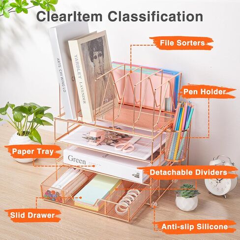 Housmile Desk Organizer, 5-Tier Desk Organizers and Accessories with File Sorters, Paper Tray, Drawer and Pen Holder, Anti-slip Silicone, Detachable File Organizer for Desk (Rose Gold) in Kuwait