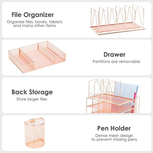 Housmile Desk Organizer, 5-Tier Desk Organizers and Accessories with File Sorters, Paper Tray, Drawer and Pen Holder, Anti-slip Silicone, Detachable File Organizer for Desk (Rose Gold) in Kuwait