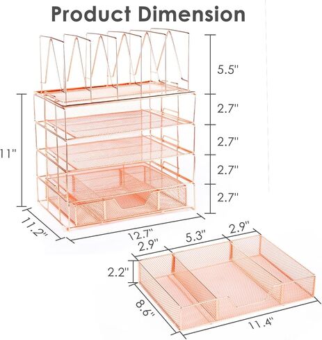 Housmile Desk Organizer, 5-Tier Desk Organizers and Accessories with File Sorters, Paper Tray, Drawer and Pen Holder, Anti-slip Silicone, Detachable File Organizer for Desk (Rose Gold) in Kuwait