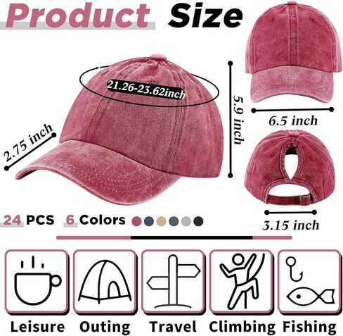 Suhine 24 Pcs Ponytail Baseball Hat Washed Plain Baseball Cap Adjustable Dad Hat Unstructured Golf Baseball Hat for Men Women (Multicolor) in Saudi Arabia