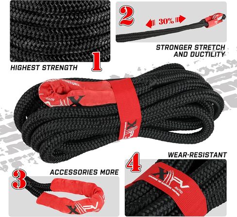 حبل استعادة حركي XPV AUTO مقاس 1 × 30 قدم (37000 رطل) حزام سحب سحب قابل للتمدد باللون الأسود مع 2 أغلال ناعمة لشاحنة الدفع الرباعي للطرق الوعرة in Kuwait