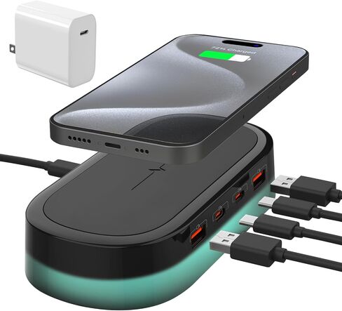 5 in 1 USB C Charging Station Wireless Charger with Multi USB Port, Mood Light, Fast 60W GaN Adapter for iPhone 15 Pro Max/14/13 iPad Samsung Tablet Galaxy S23/S24 Pixel 8 Multiple Devices Home Office in Saudi Arabia