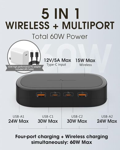 5 in 1 USB C Charging Station Wireless Charger with Multi USB Port, Mood Light, Fast 60W GaN Adapter for iPhone 15 Pro Max/14/13 iPad Samsung Tablet Galaxy S23/S24 Pixel 8 Multiple Devices Home Office in Saudi Arabia