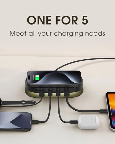 5 in 1 USB C Charging Station Wireless Charger with Multi USB Port, Mood Light, Fast 60W GaN Adapter for iPhone 15 Pro Max/14/13 iPad Samsung Tablet Galaxy S23/S24 Pixel 8 Multiple Devices Home Office in Saudi Arabia