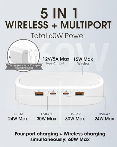 5 in 1 USB C Charging Station Wireless Charger with Multi USB Port, Mood Light, Fast 60W GaN Adapter for iPhone 15 Pro Max/14/13 iPad Samsung Tablet Galaxy S23/S24 Pixel 8 Multiple Devices Home Office in Saudi Arabia
