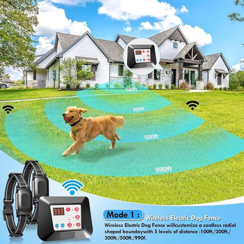 Rivulet Electric Wireless Dog Fence System Electric Dog Fence Pet Fence Wireless, 2-in-1 Dog Boundary Containment System&Rechargeable Shock Training Collar Range 990FT for Small Medium Large Dogs in Saudi Arabia