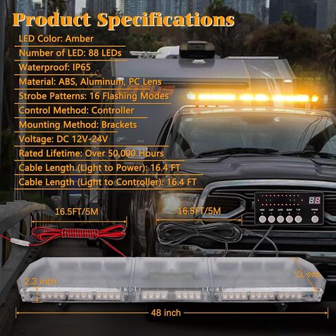 V-SEK 48 بوصة 88 LED شريط ضوء الطوارئ العنبر فائق السطوع على السطح أضواء ستروب مقاومة للماء تحذير من المخاطر على السطح العلوي شريط ضوء وامض لمركبة بناء شاحنة السحب (أصفر، تيار مستمر 12-24 فولت) in Kuwait