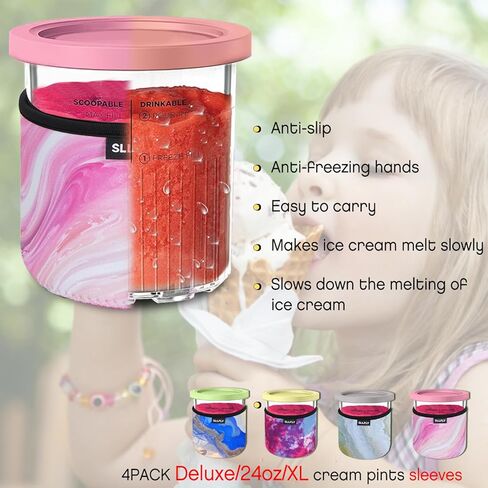 SLLFLY Deluxe Ice Cream Pints Sleeves 4 Pack, 24oz/XL Sleeves for Ninja Deluxe Creami Pints, Compatible with NC501 NC500 Series Creami Deluxe Ice Cream Maker Pints (Pints not Included) in Kuwait