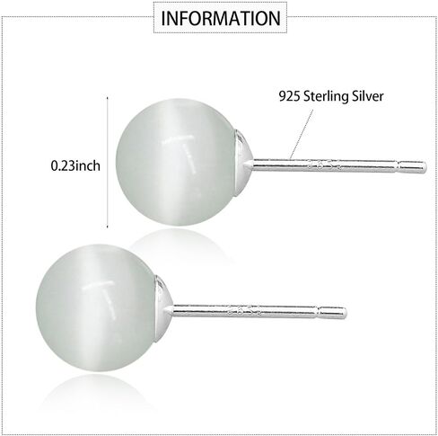 925 الفضة الاسترليني أقراط الحجر الطبيعي للنساء 8MM العقيق الأسود / العقيق الأحمر / أوبال الكرة أقراط للآذان الحساسة مجوهرات الأحجار الكريمة اليدوية لهدايا عيد ميلاد الذكرى (أبيض) in Saudi Arabia