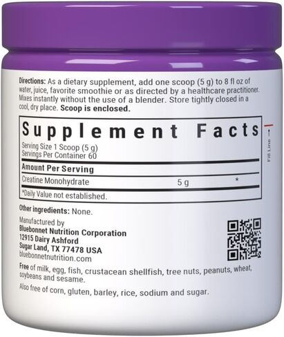 Bluebonnet Nutrition Micronized Creatine Monohydrate 5 g – Supports Lean Muscle Mass* - Non-GMO, Vegan, Kosher Certified, Gluten-Free, Soy-Free, Milk-Free – Unflavored, 10.58 OZ, 60 Servings in Saudi Arabia