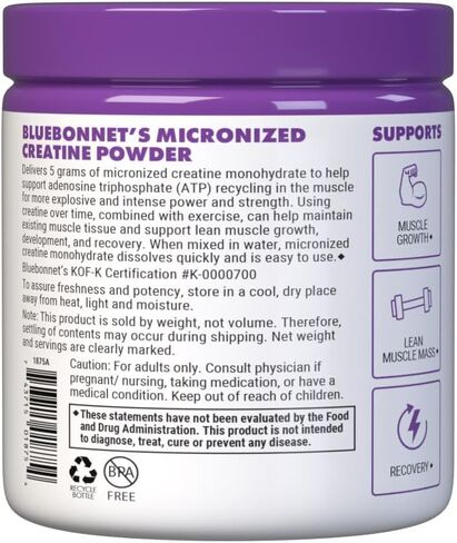 Bluebonnet Nutrition Micronized Creatine Monohydrate 5 g – Supports Lean Muscle Mass* - Non-GMO, Vegan, Kosher Certified, Gluten-Free, Soy-Free, Milk-Free – Unflavored, 10.58 OZ, 60 Servings in Saudi Arabia