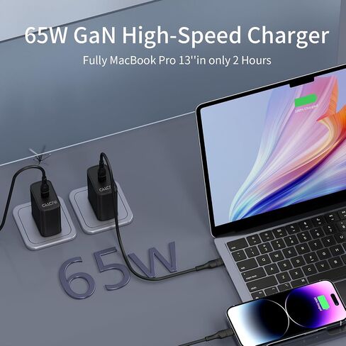شاحن USB C بلوك CALCINI 2 Pack GAN 65W USB C شاحن سريع من النوع C لشاحن الكمبيوتر المحمول ومحول الطاقة MacBook Pro/Air، GalaxyS21/S20، Dell XP S13، Note 20/10+، Phone15/Mini iPad، Pixel in Kuwait