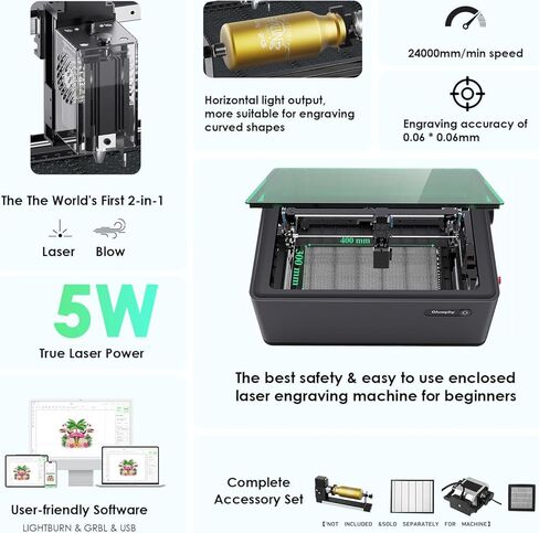 Gluwphy 5w Enclosure Laser Engraver 8-in-1 Class 1 Laser Engraver and Cutter Machine، المدمج في نظام تصفية الدخان حفارة الليزر للخشب والمعادن والجلود والزجاج in Kuwait