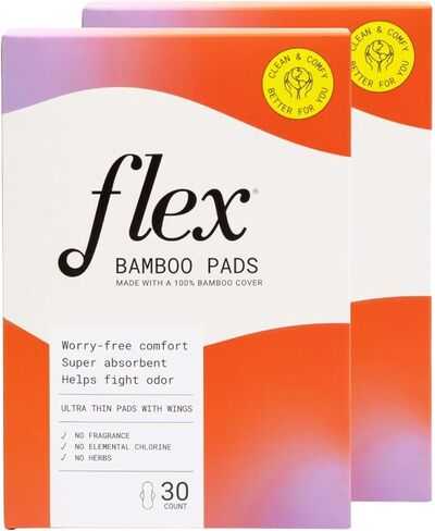 Flex Bamboo Sanitary Pads | Ultra Thin Pads with Wings | Fragrance-Free Sanitary Napkins Made with 100% Bamboo Cover | Super Absorbent & Comfortable Feminine Pads | Helps Fight Odor (2-Pack, 60 Pads) in Saudi Arabia