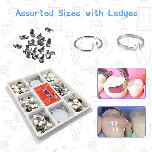 100 Pieces Stainless Steel Sectional Contoured Metal Dental Matrices Kit with Ledges, 0.035mm Thickness, Assorted Sizes Soft Metal Bands for Molar and Premolar Restorations - Dental Matrix System Kit in Saudi Arabia