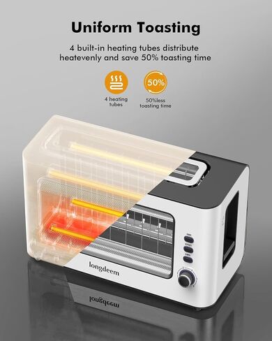 Clear View Toaster, LONGDEEM 1.75'' Extra Long Slot Glass Toasters Stainless Steel 2 Slice with 6 Browning Control for Bagel, Defrost & Auto Shut Off with Removable Crumb Tray, Silver in Saudi Arabia