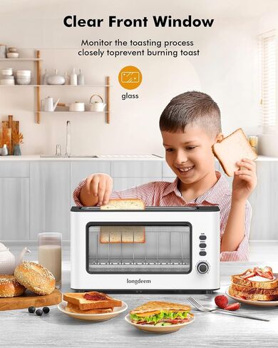 Clear View Toaster, LONGDEEM 1.75'' Extra Long Slot Glass Toasters Stainless Steel 2 Slice with 6 Browning Control for Bagel, Defrost & Auto Shut Off with Removable Crumb Tray, Silver in Saudi Arabia
