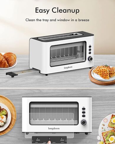 Clear View Toaster, LONGDEEM 1.75'' Extra Long Slot Glass Toasters Stainless Steel 2 Slice with 6 Browning Control for Bagel, Defrost & Auto Shut Off with Removable Crumb Tray, Silver in Saudi Arabia