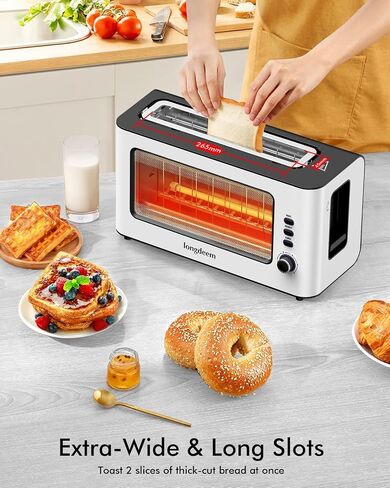 Clear View Toaster, LONGDEEM 1.75'' Extra Long Slot Glass Toasters Stainless Steel 2 Slice with 6 Browning Control for Bagel, Defrost & Auto Shut Off with Removable Crumb Tray, Silver in Saudi Arabia
