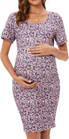 فستان ZIUMUDY برقبة دائرية وأكمام قصيرة مكشكشة للحمل، فستان كاجوال للحمل عند الولادة in Kuwait