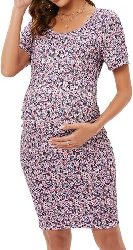 فستان ZIUMUDY برقبة دائرية وأكمام قصيرة مكشكشة للحمل، فستان كاجوال للحمل عند الولادة in Kuwait