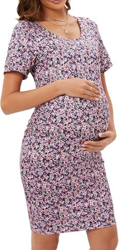 فستان ZIUMUDY برقبة دائرية وأكمام قصيرة مكشكشة للحمل، فستان كاجوال للحمل عند الولادة in Kuwait