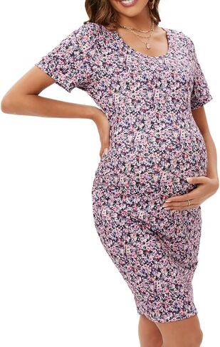 فستان ZIUMUDY برقبة دائرية وأكمام قصيرة مكشكشة للحمل، فستان كاجوال للحمل عند الولادة in Kuwait