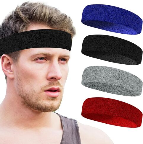 4Pcs Sweatbands Sport Headbands for Men & Women Headbands for Men Terry Cloth Sweat Band for Tennis, Basketball, Working Out, Running, Working, Gym(Black, Gray, Blue, red) in Saudi Arabia