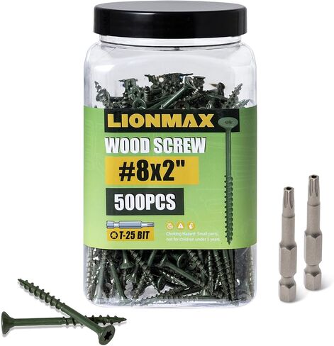 LIONMAX Deck Screws 2 Inch, Wood Screws #8 x 2", 500 PCS, Rust Resistant, Exterior Epoxy Coated, Outdoor Decking Screws, Torx/Star Drive Head Screw, T25 Star Bit Included, Green in Saudi Arabia