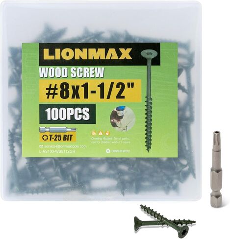 LIONMAX Deck Screws 1-1/2 Inch, Wood Screws #8 x 1-1/2", 100 PCS, Rust Resistant, Exterior Epoxy Coated, Outdoor Decking Screws, Torx/Star Drive Head Screw, T25 Star Bit Included, Green in Saudi Arabia