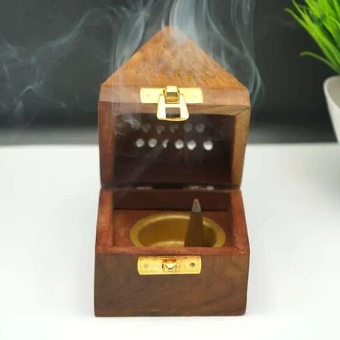 Handmade Wooden Classic Mughal Inspired Pyramid Incense Cone Dhoop Burner Holder with Top Cone Shape Incense Burner Box in Saudi Arabia