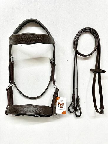 Sidepull Bitless Bridle with Designer Hand Carving On Brow & Noseband Curved Shaped Brown (Full, Cob, Pony) in Saudi Arabia
