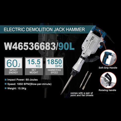BouPower Demolition Jack Hammer 1700W Sds-Hex 1-1/8 Inch 1900 BPM Heavy Duty Concrete Breaker Demolition Electric Jack Hammer Wood Metal Concrete Pavement Breaker Drills Kit Silver in Saudi Arabia