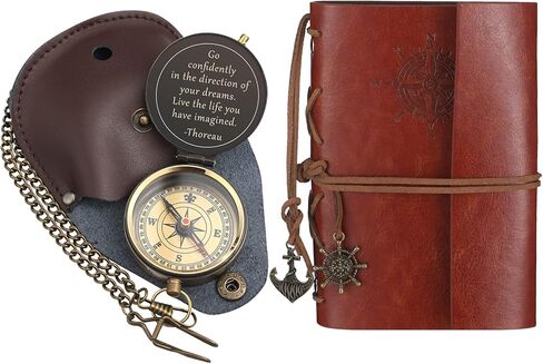 كانايو 2 قطعة هدية التخرج البوصلة Thoreau's Go Confidently Quote بوصلة محفورة مع حقيبة جلدية مختومة ودفتر ملاحظات جلدي لهدايا التخرج المسيحية in Kuwait
